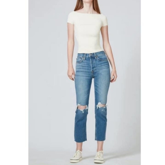 RE/DONE 70's Stove Pipe Dusk Destroy High-Rise Cropped jeans Size 23 - Picture 1 of 16